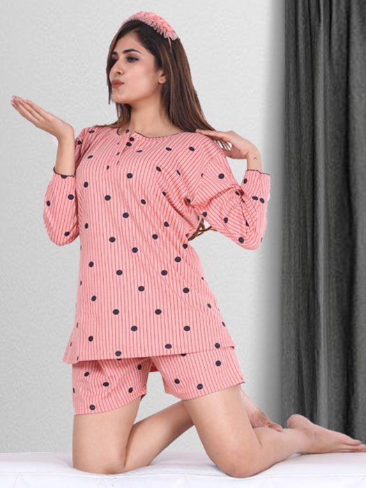 pink hosiery cotton sinkar top with pyjama set night suit hosiery cotton sinkar night suit