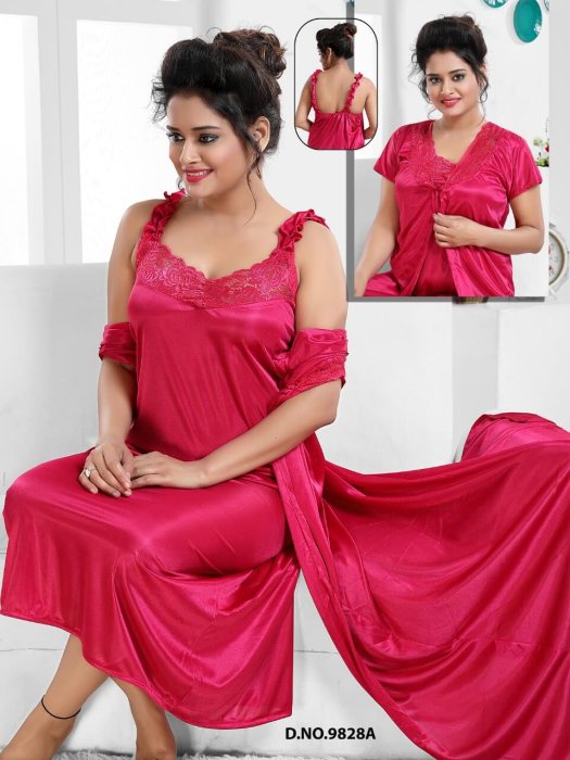 pink satin bridal robe with nighti 2 pic  2 pic fancy night wear