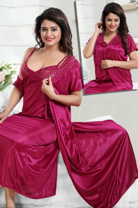 pink satin bridal robe with nighti 2 pic  2 pic fancy night wear