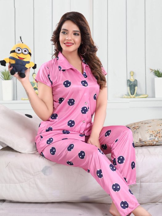 pink satin digitale  round printed night suit satin night suit