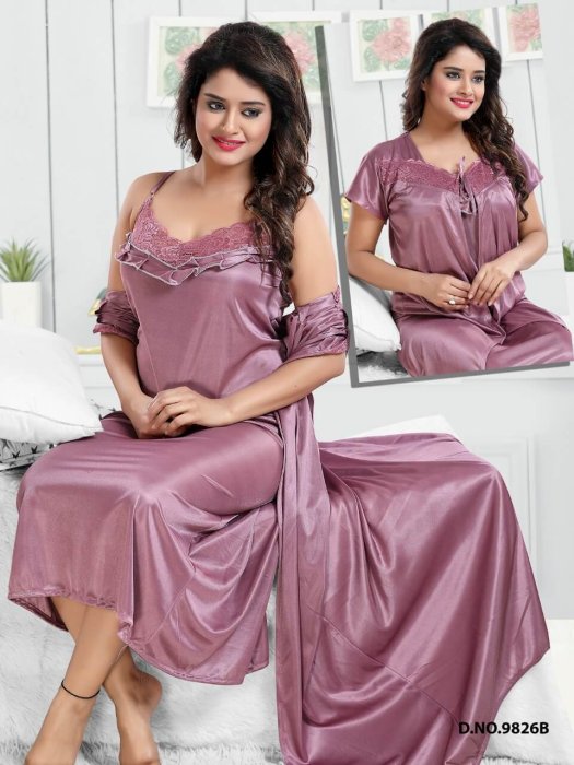 purple satin bridal robe with nighti 2 pic  2 pic fancy night wear