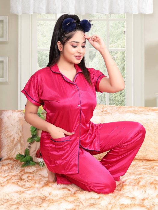 rani satin plan with piping night suit satin night suit