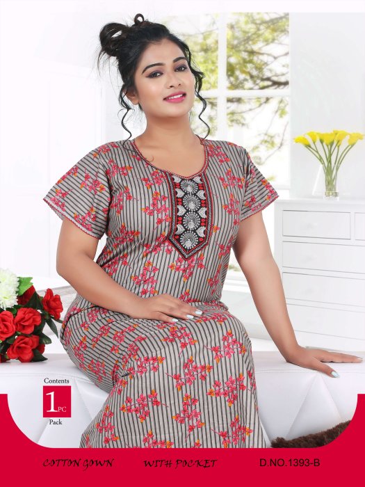 red cotton linig design with flower printed night gown
