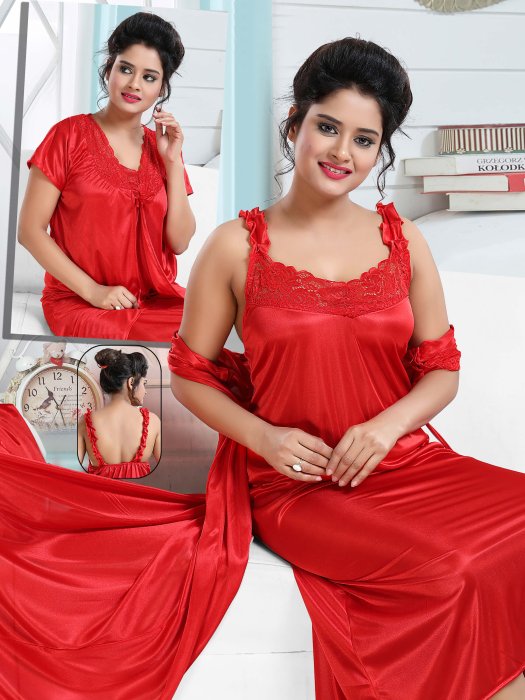red satin bridal robe with nighti 2 pic  2 pic fancy night wear