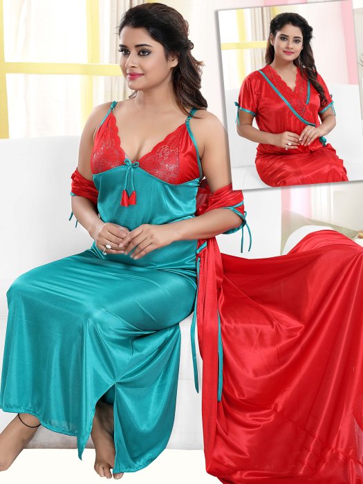 redrama satin bridal robe with nighti 2 pic 2 pic fancy night wear
