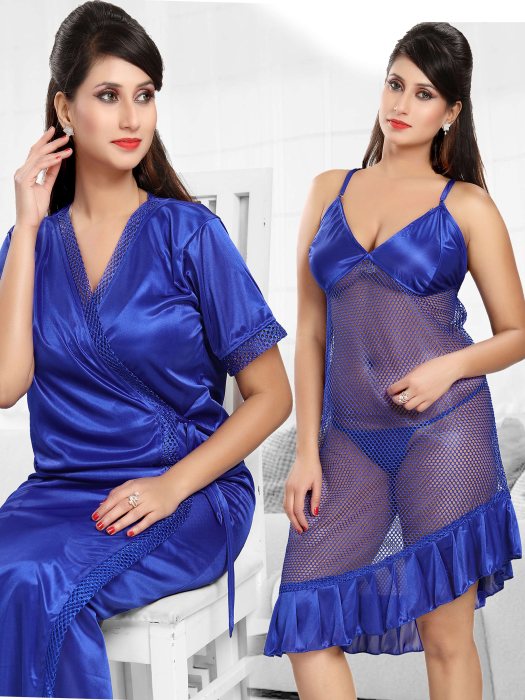 royal blue bridal net slip with robe 2pic  2 pic fancy bridal robe set