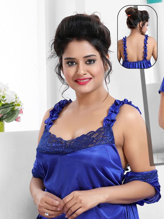 royal blue satin bridal robe with nighti 2 pic  2 pic fancy night wear
