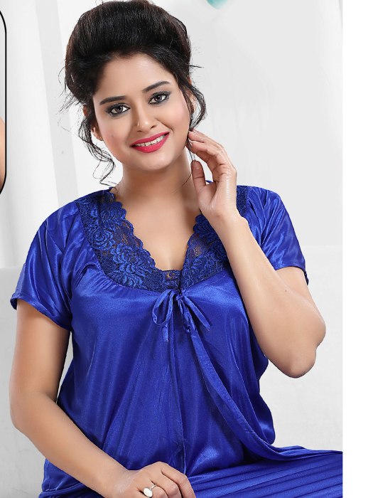 royal blue satin bridal robe with nighti 2 pic  2 pic fancy night wear
