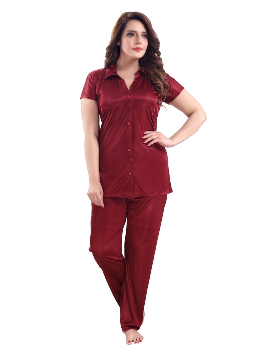 satin plan maroon night suit satin night suit