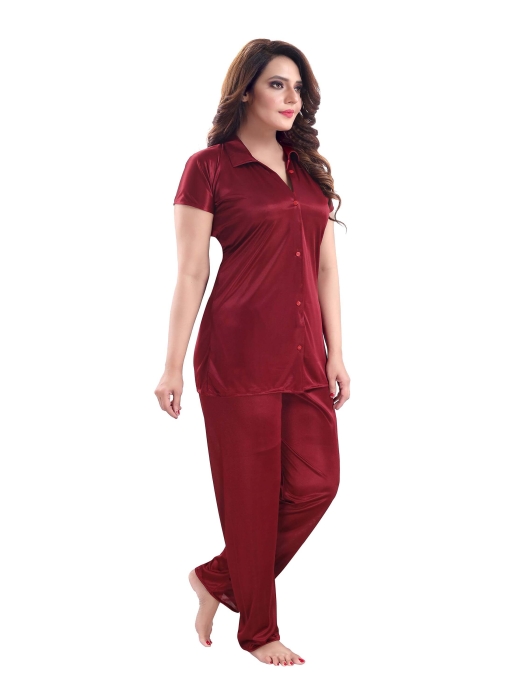 satin plan maroon night suit satin night suit