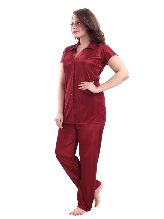 satin plan maroon night suit satin night suit