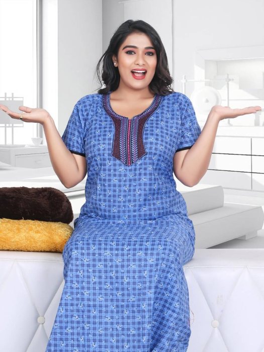 sky blue cotton night gown embroidery design  cotton night gown