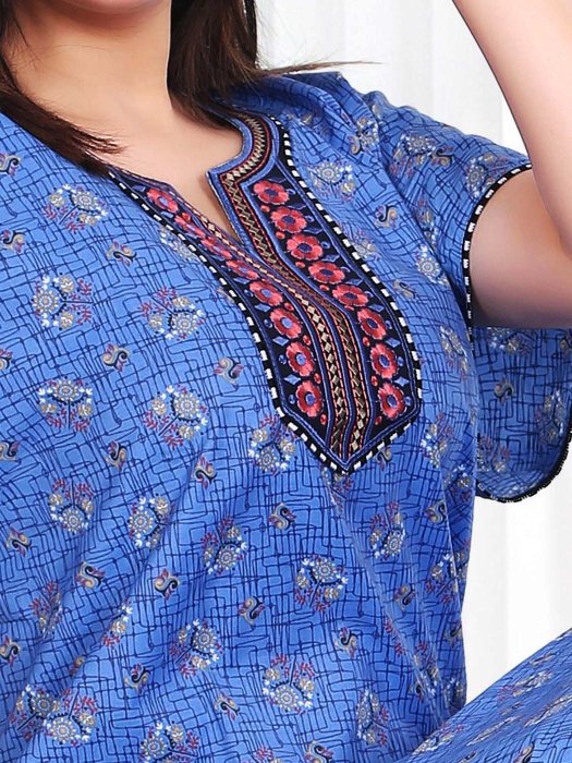 sky blue cotton night maxi printed with embroidery design  cotton night gown