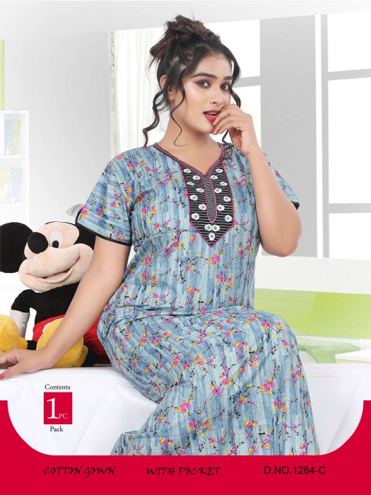skyblue cotton mini flower with mini padre printed night gown cotton night gown