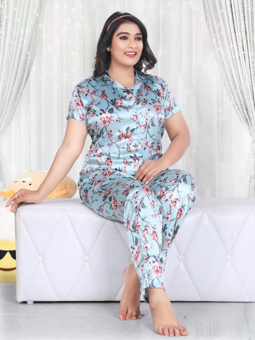 skyblue satin flowe with padre printed night suit satin night suit