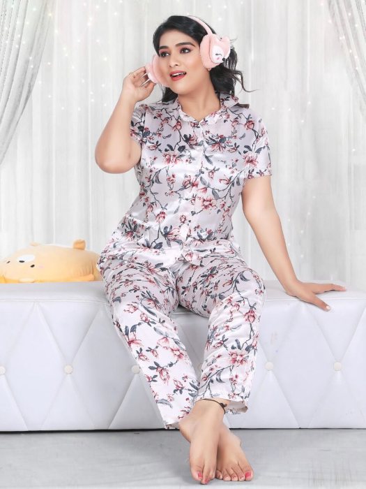 white satin flowe with padre printed night suit satin night suit