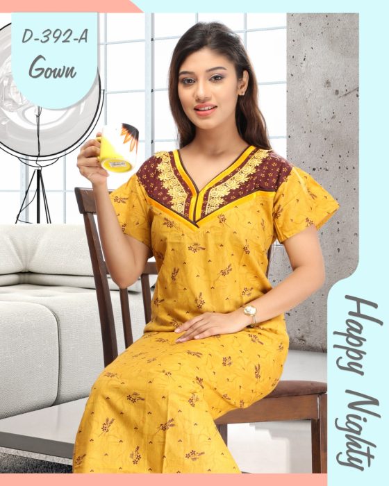 yellow color woman premium cotton night gown comfortable with printed cotton night Gown  UNDER 499