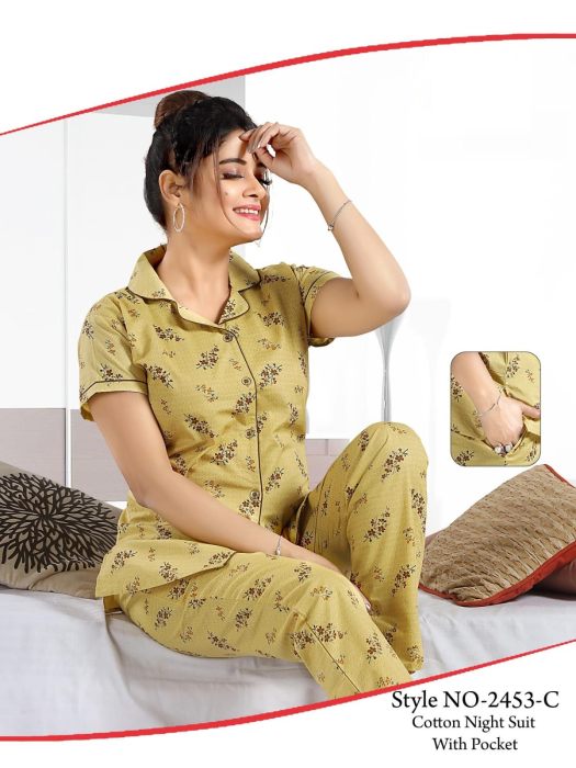 yellow cotton mini flower design night suit cotton night suit