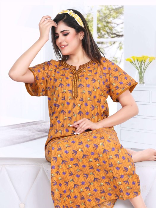 yellow cotton night maxi printed with padre design  cotton night gown