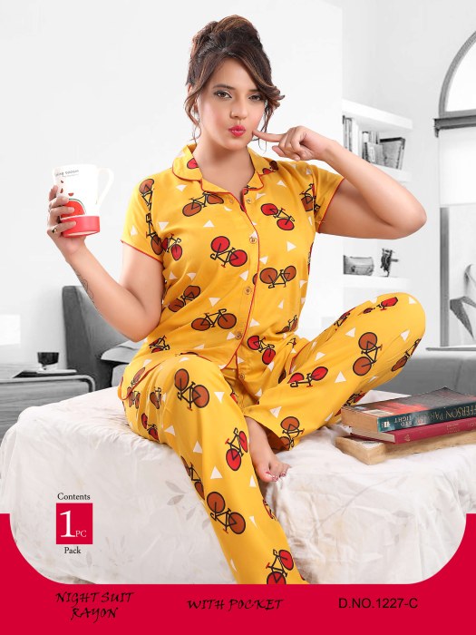 yellow rayon cycle design night suit women night suit