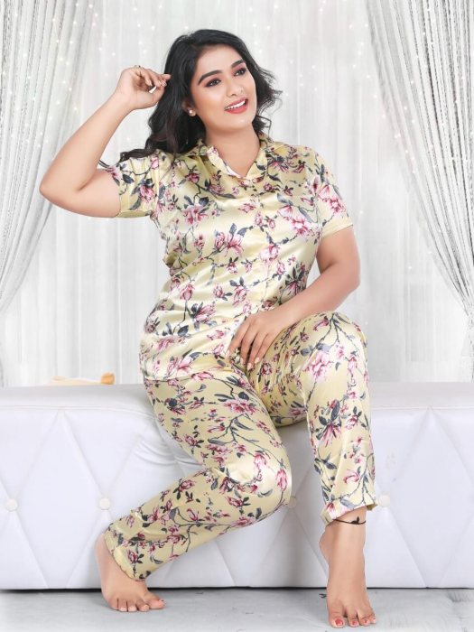 yellow satin flowe with padre printed night suit satin night suit