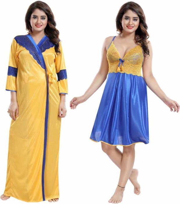 yellowblue satin bridal robe with nighti 2 pic 2 pic fancy night wear